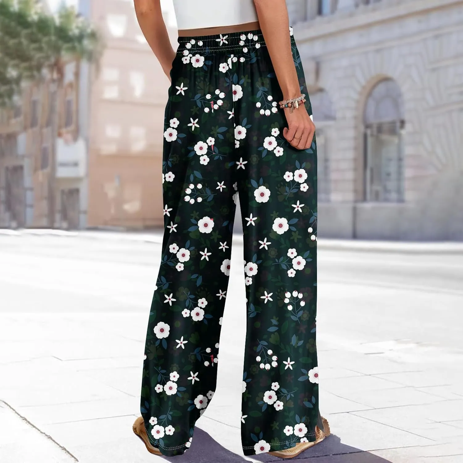 Summer Wide Leg Pants High Waistd Beach Palazzo Pants Side Split Drawstring Elastic Waist Floral Print Pockets Trouser