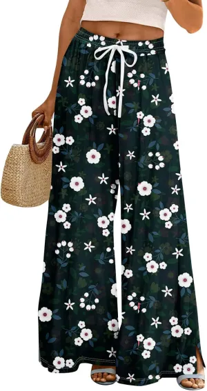 Summer Wide Leg Pants High Waistd Beach Palazzo Pants Side Split Drawstring Elastic Waist Floral Print Pockets Trouser