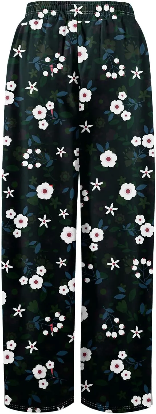 Summer Wide Leg Pants High Waistd Beach Palazzo Pants Side Split Drawstring Elastic Waist Floral Print Pockets Trouser