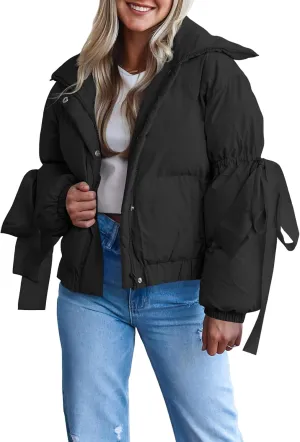 Tankaneo Womens Bow Puffer Jacket Winter Warm Cropped Quilted Jackets Baggy Short Down Coats