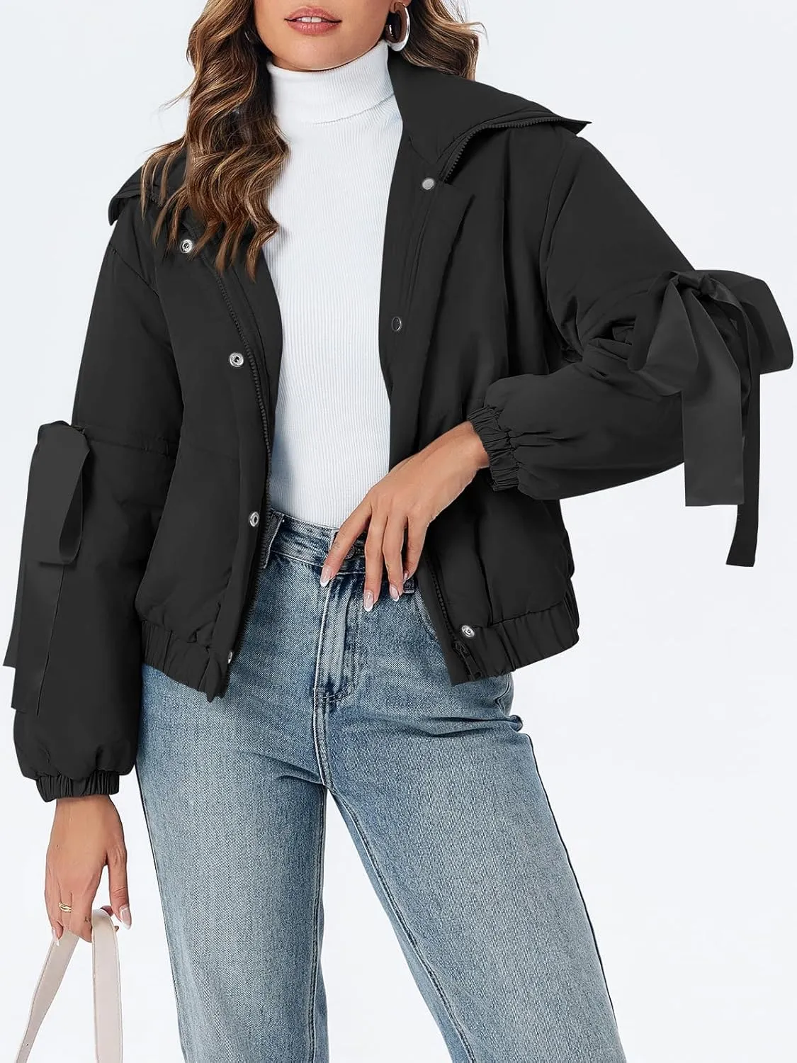 Tankaneo Womens Bow Puffer Jacket Winter Warm Cropped Quilted Jackets Baggy Short Down Coats