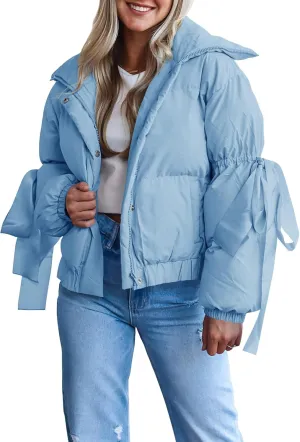 Tankaneo Womens Bow Puffer Jacket Winter Warm Cropped Quilted Jackets Baggy Short Down Coats