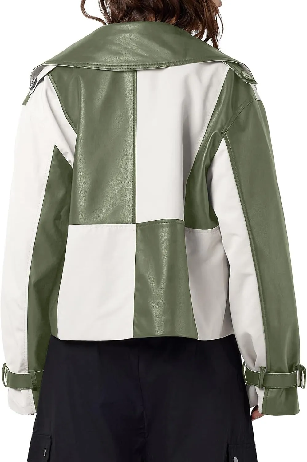 Tankaneo Womens Leather Cropped Jacket Fall Casual Trendy Oversized Color Block Motorcycle Coat