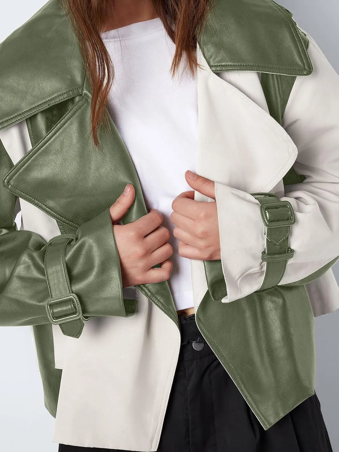 Tankaneo Womens Leather Cropped Jacket Fall Casual Trendy Oversized Color Block Motorcycle Coat