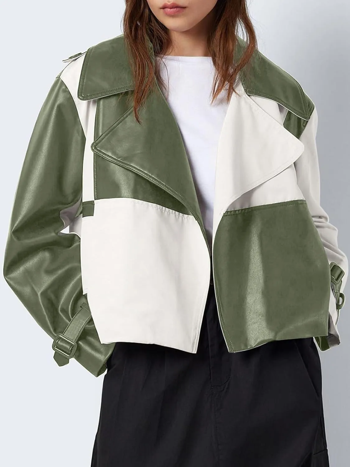 Tankaneo Womens Leather Cropped Jacket Fall Casual Trendy Oversized Color Block Motorcycle Coat