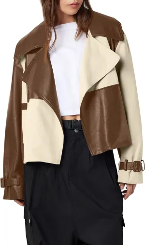 Tankaneo Womens Leather Cropped Jacket Fall Casual Trendy Oversized Color Block Motorcycle Coat