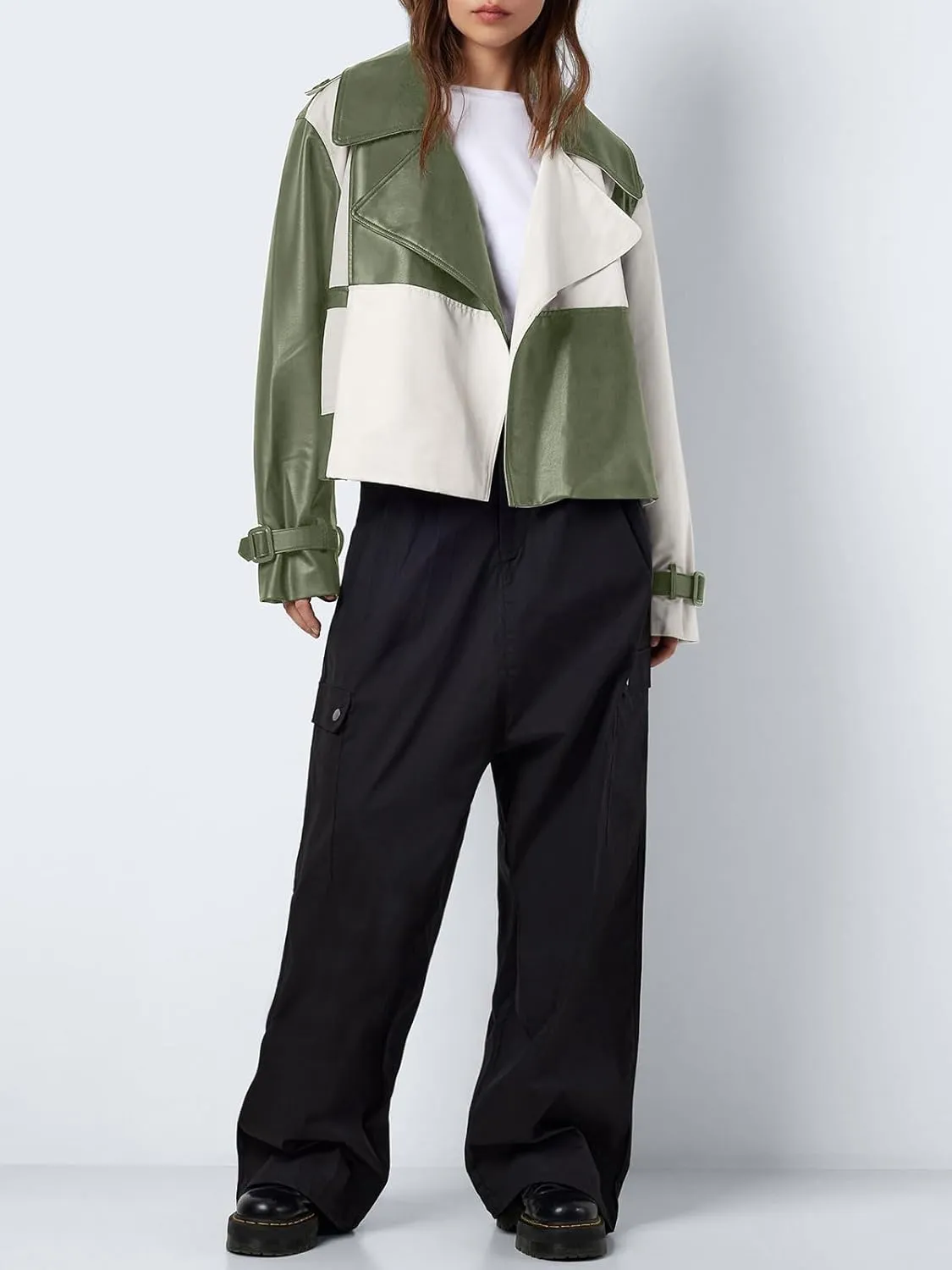 Tankaneo Womens Leather Cropped Jacket Fall Casual Trendy Oversized Color Block Motorcycle Coat