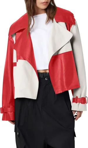 Tankaneo Womens Leather Cropped Jacket Fall Casual Trendy Oversized Color Block Motorcycle Coat