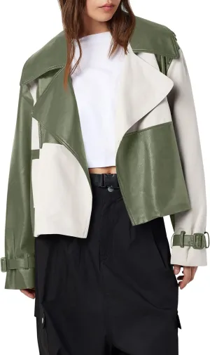 Tankaneo Womens Leather Cropped Jacket Fall Casual Trendy Oversized Color Block Motorcycle Coat