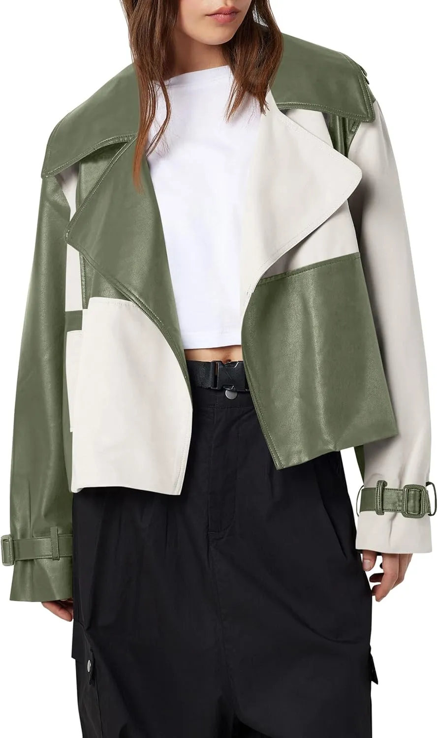 Tankaneo Womens Leather Cropped Jacket Fall Casual Trendy Oversized Color Block Motorcycle Coat