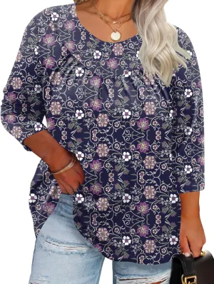 TFSDOD Womens Plus Size Tops 3/4 Length Sleeve Blouses Crew Neck Shirts Casual Loose Tunic Tops 1X-5X