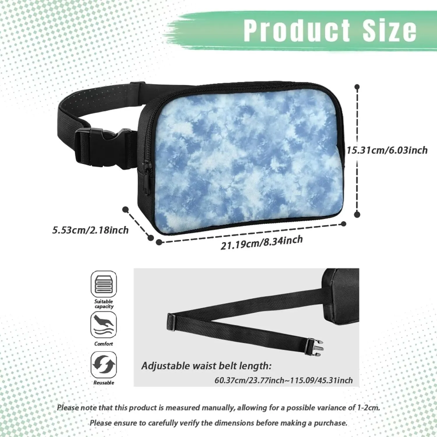 Tie Dye Fanny Packs for Women Blue Waist Bag Lightweight Practical Waist Pouch with Smooth Zipper for Hiking Travel Sports Cycling Mini Bum Bags for Women Crossbody Birthday Gifts for Her