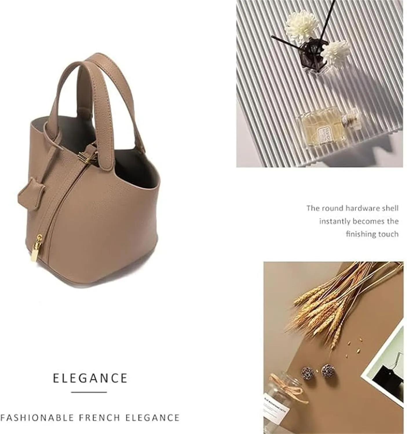 Trendy Plain Color Leather Handbag with Lock Design,Bucket Bag Vegetable Basket,Versatile Shoulder Handbag.