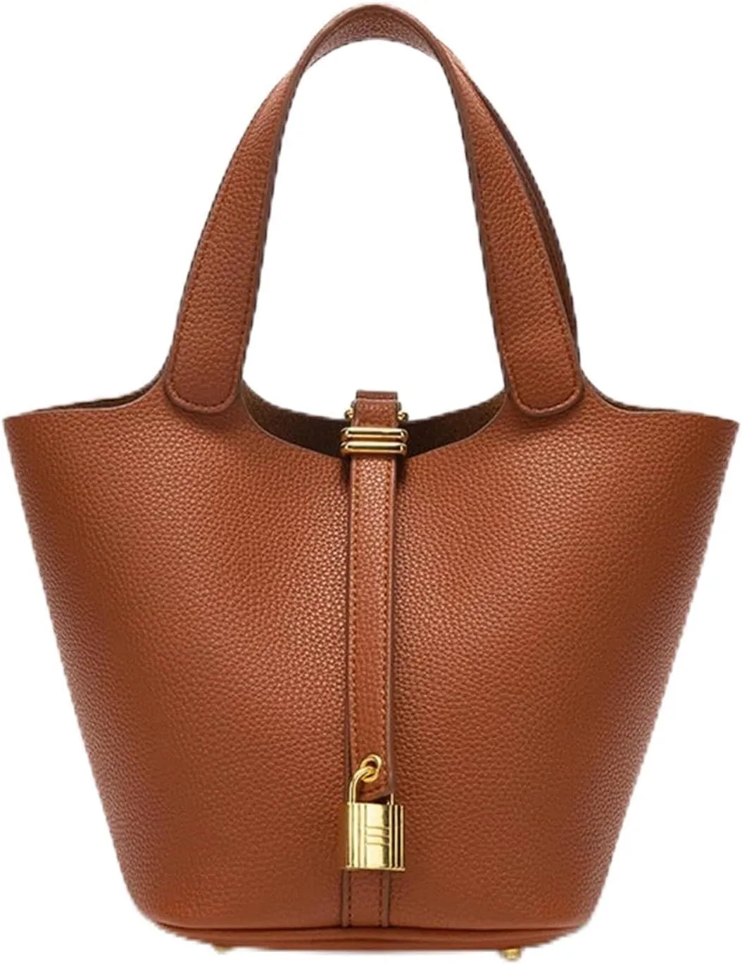 Trendy Plain Color Leather Handbag with Lock Design,Bucket Bag Vegetable Basket,Versatile Shoulder Handbag.
