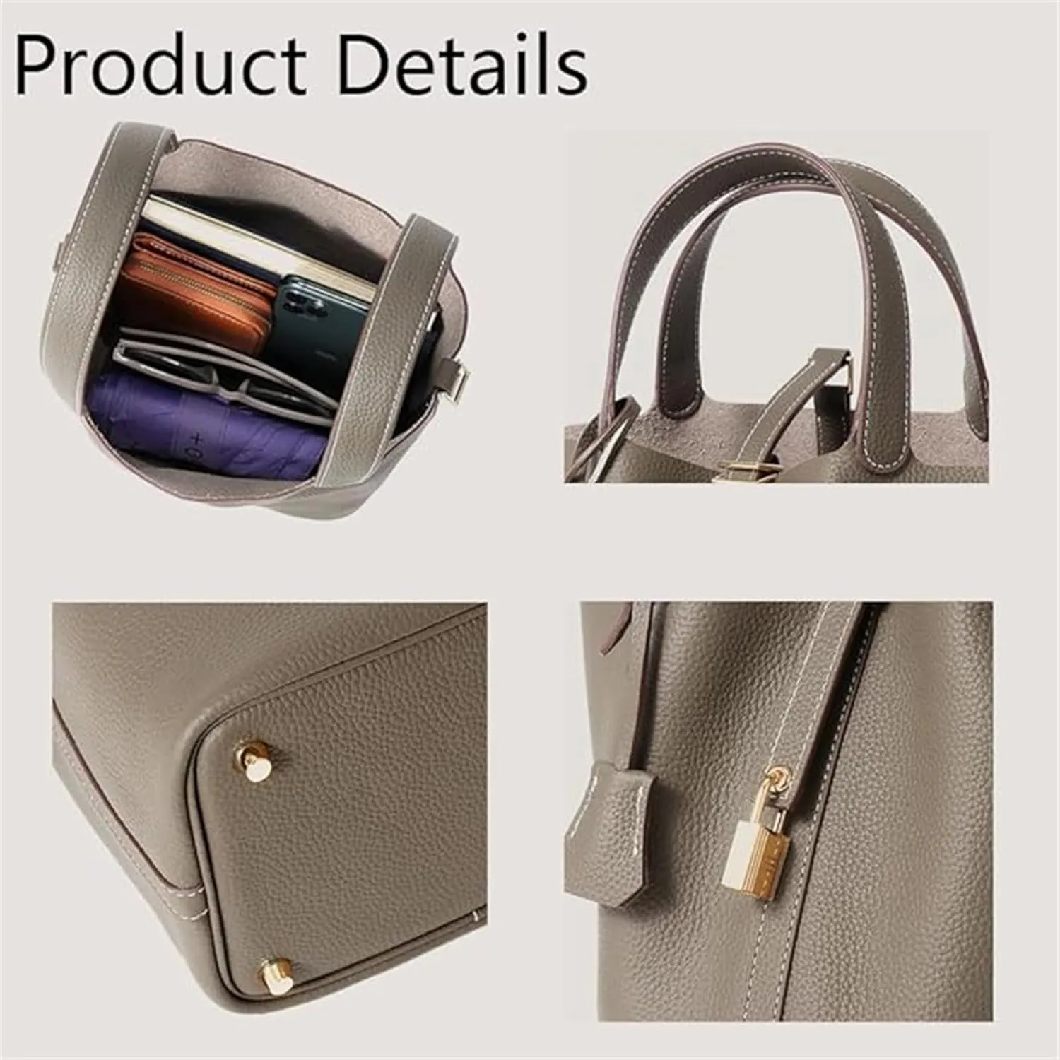 Trendy Plain Color Leather Handbag with Lock Design,Bucket Bag Vegetable Basket,Versatile Shoulder Handbag.
