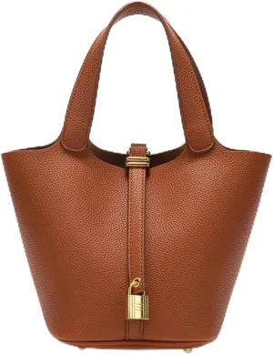 Trendy Plain Color Leather Handbag with Lock Design,Bucket Bag Vegetable Basket,Versatile Shoulder Handbag.