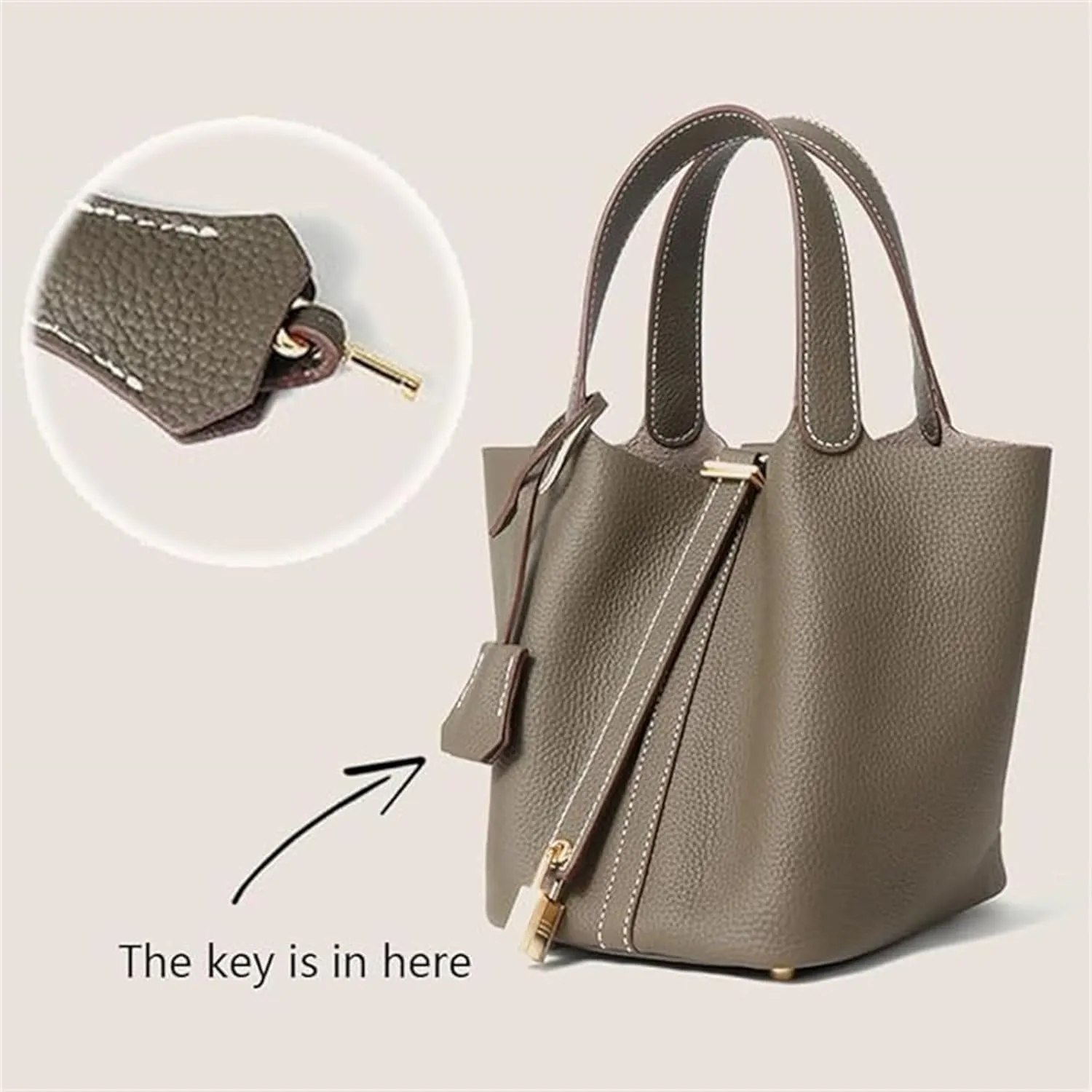 Trendy Plain Color Leather Handbag with Lock Design,Bucket Bag Vegetable Basket,Versatile Shoulder Handbag.
