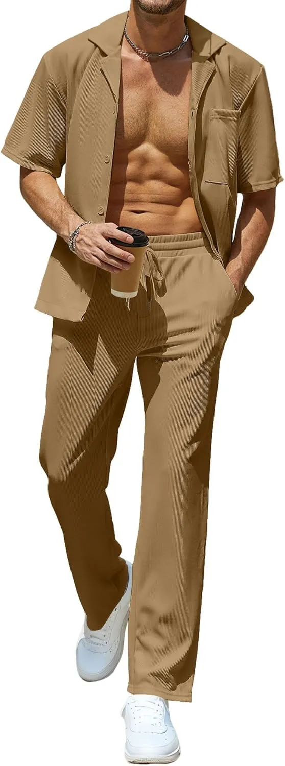 UOUA Mens Summer 2 Piece Set Casual Outfits Button Short Sleeve Shirt & Loose Pants Textured Striped Tracksuit Walking Suits