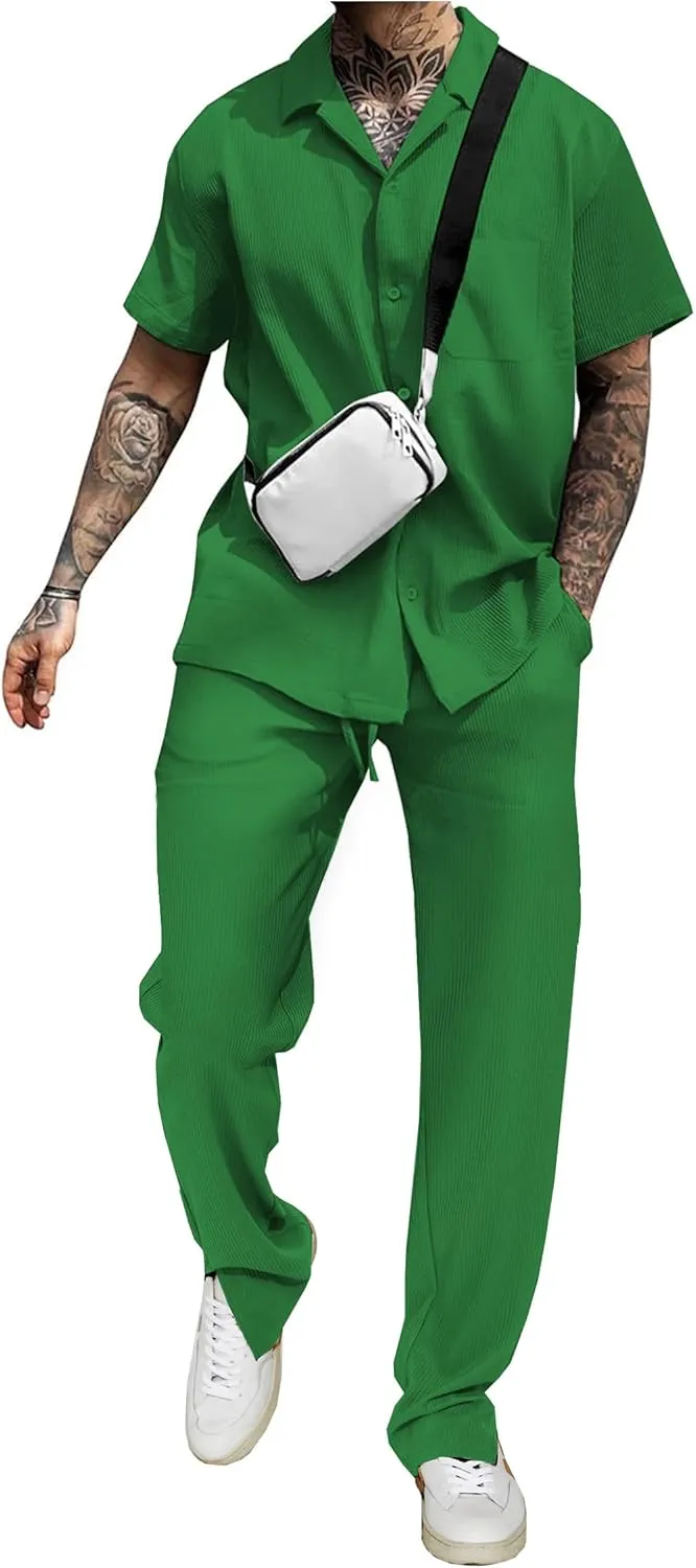 UOUA Mens Summer 2 Piece Set Casual Outfits Button Short Sleeve Shirt & Loose Pants Textured Striped Tracksuit Walking Suits