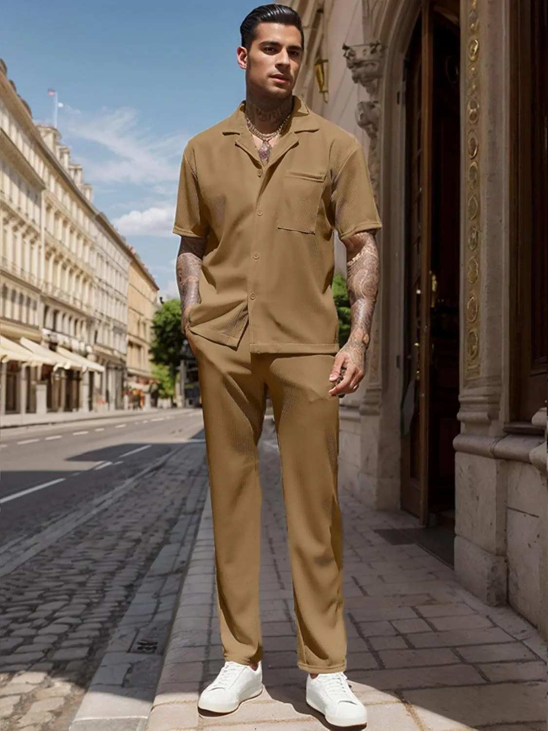 UOUA Mens Summer 2 Piece Set Casual Outfits Button Short Sleeve Shirt & Loose Pants Textured Striped Tracksuit Walking Suits