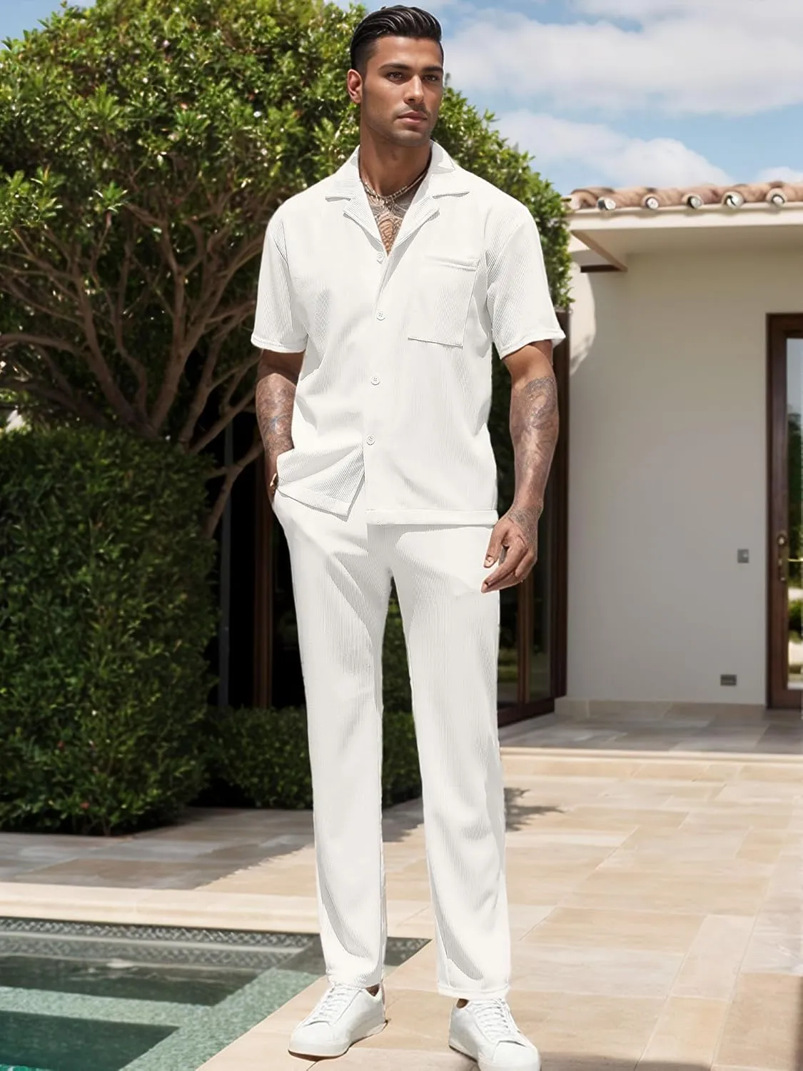 UOUA Mens Summer 2 Piece Set Casual Outfits Button Short Sleeve Shirt & Loose Pants Textured Striped Tracksuit Walking Suits