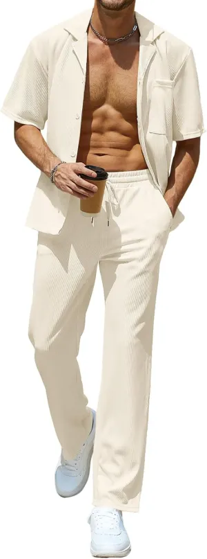UOUA Mens Summer 2 Piece Set Casual Outfits Button Short Sleeve Shirt & Loose Pants Textured Striped Tracksuit Walking Suits