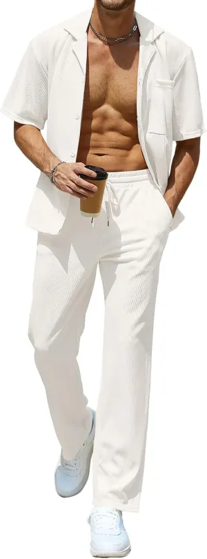 UOUA Mens Summer 2 Piece Set Casual Outfits Button Short Sleeve Shirt & Loose Pants Textured Striped Tracksuit Walking Suits