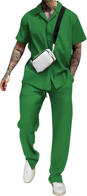 UOUA Mens Summer 2 Piece Set Casual Outfits Button Short Sleeve Shirt & Loose Pants Textured Striped Tracksuit Walking Suits