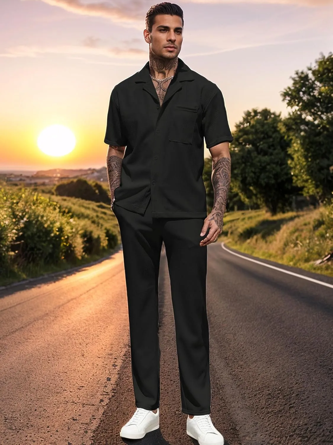 UOUA Mens Summer 2 Piece Set Casual Outfits Button Short Sleeve Shirt & Loose Pants Textured Striped Tracksuit Walking Suits