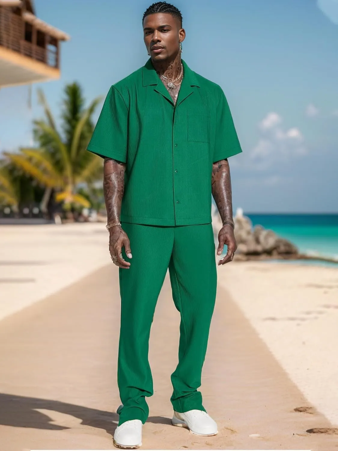 UOUA Mens Summer 2 Piece Set Casual Outfits Button Short Sleeve Shirt & Loose Pants Textured Striped Tracksuit Walking Suits