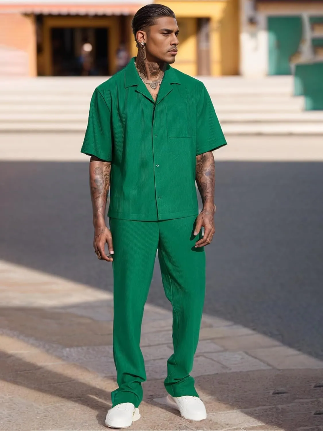 UOUA Mens Summer 2 Piece Set Casual Outfits Button Short Sleeve Shirt & Loose Pants Textured Striped Tracksuit Walking Suits