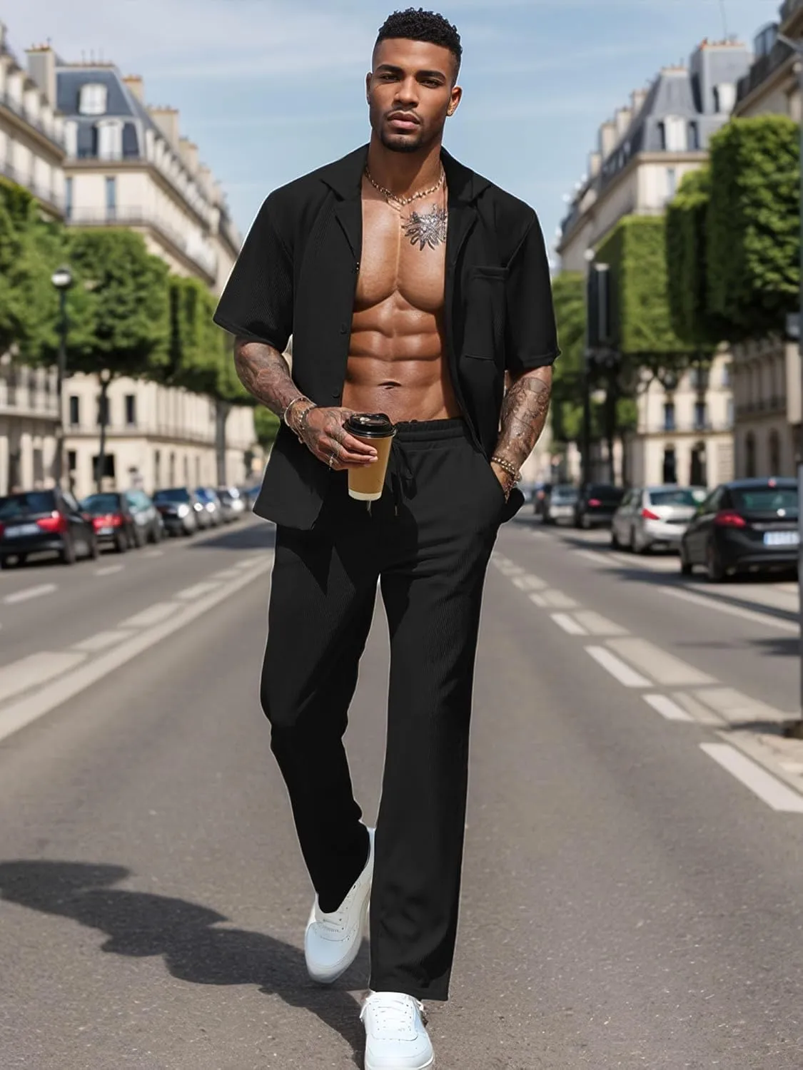 UOUA Mens Summer 2 Piece Set Casual Outfits Button Short Sleeve Shirt & Loose Pants Textured Striped Tracksuit Walking Suits