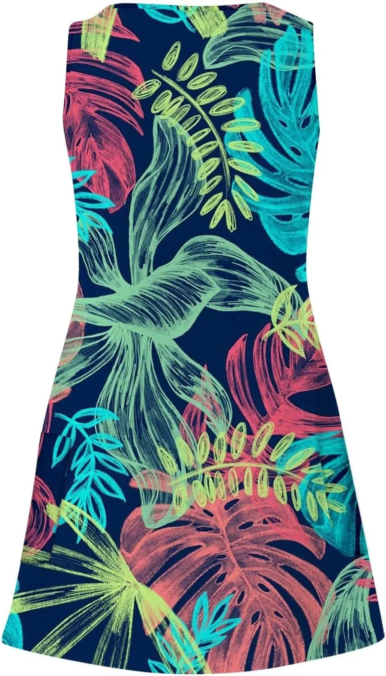 V Neck Dress Womens Breathable Sleeveless Daily Floral Print Dressy with Pockets Ladies Sundress Beach Boho Dress