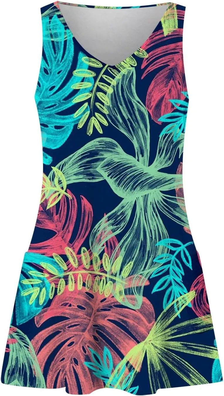 V Neck Dress Womens Breathable Sleeveless Daily Floral Print Dressy with Pockets Ladies Sundress Beach Boho Dress