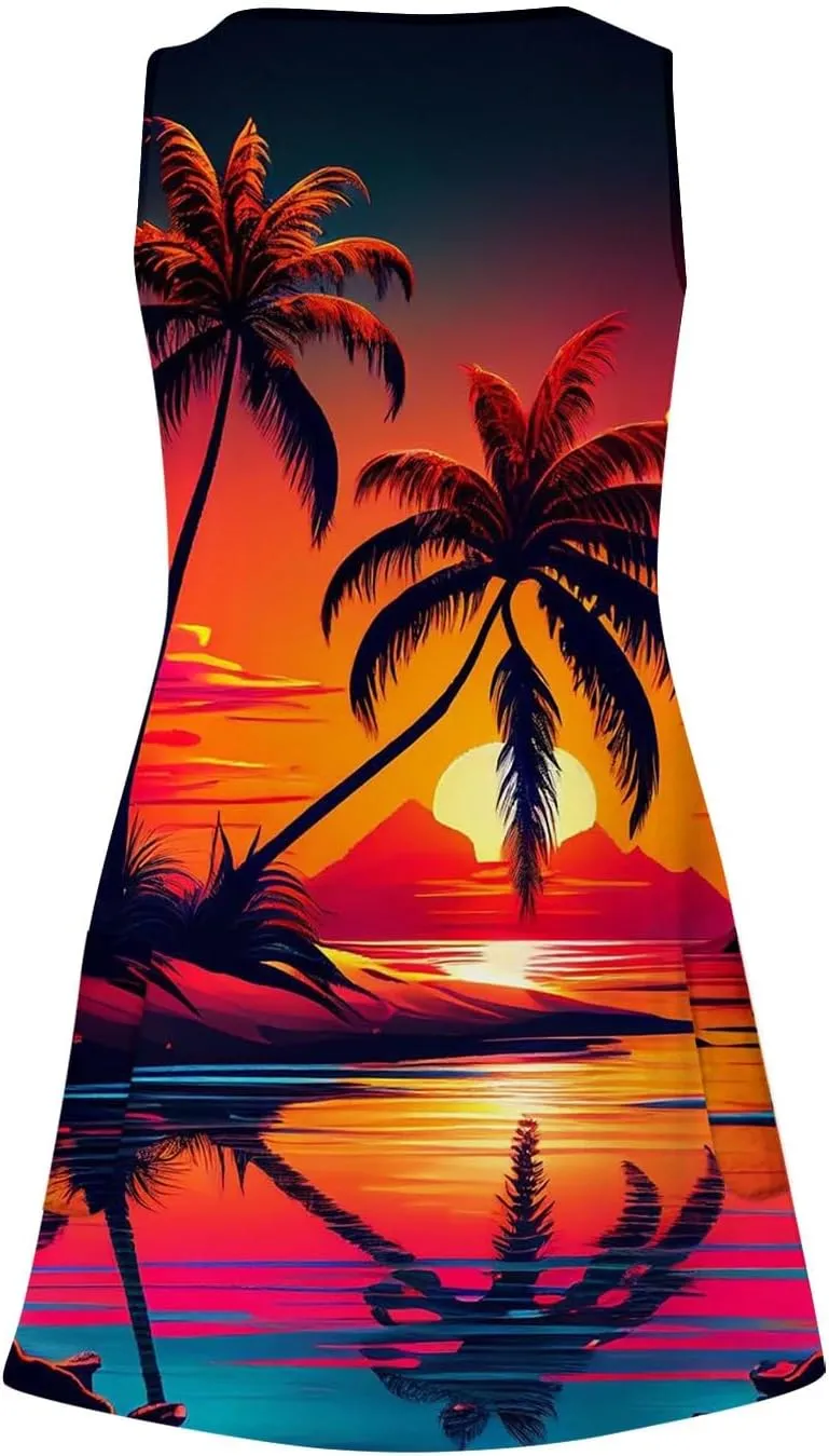 V Neck Dress Womens Breathable Sleeveless Daily Floral Print Dressy with Pockets Ladies Sundress Beach Boho Dress