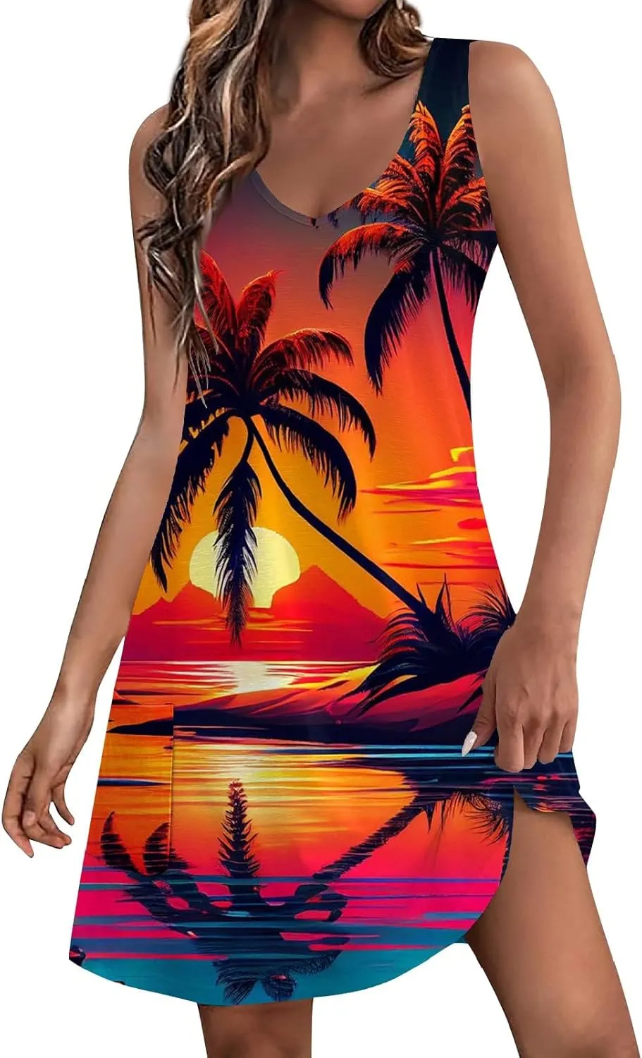 V Neck Dress Womens Breathable Sleeveless Daily Floral Print Dressy with Pockets Ladies Sundress Beach Boho Dress