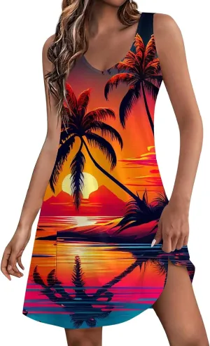 V Neck Dress Womens Breathable Sleeveless Daily Floral Print Dressy with Pockets Ladies Sundress Beach Boho Dress