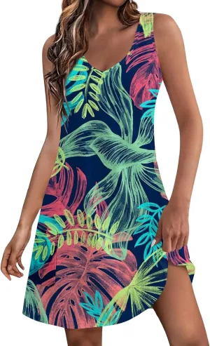 V Neck Dress Womens Breathable Sleeveless Daily Floral Print Dressy with Pockets Ladies Sundress Beach Boho Dress