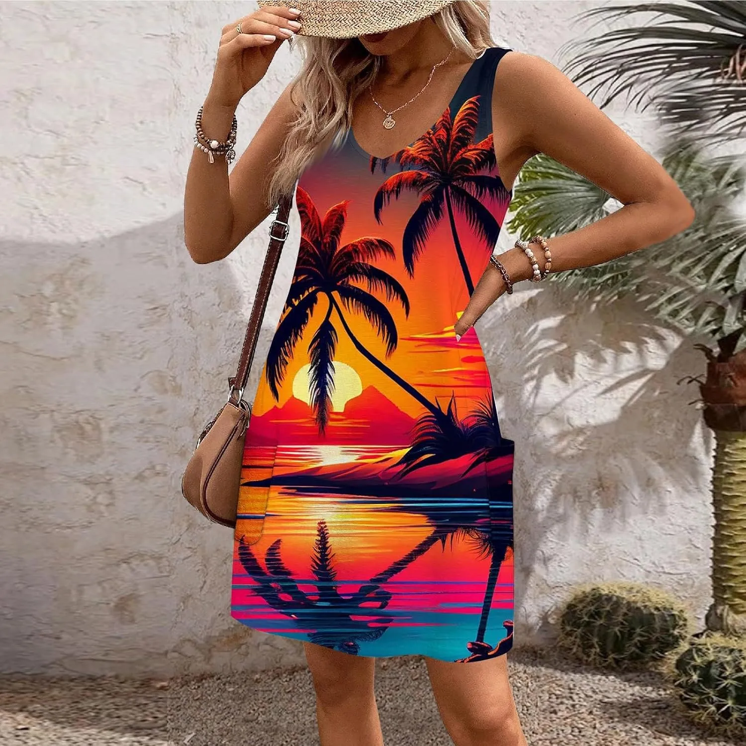 V Neck Dress Womens Breathable Sleeveless Daily Floral Print Dressy with Pockets Ladies Sundress Beach Boho Dress
