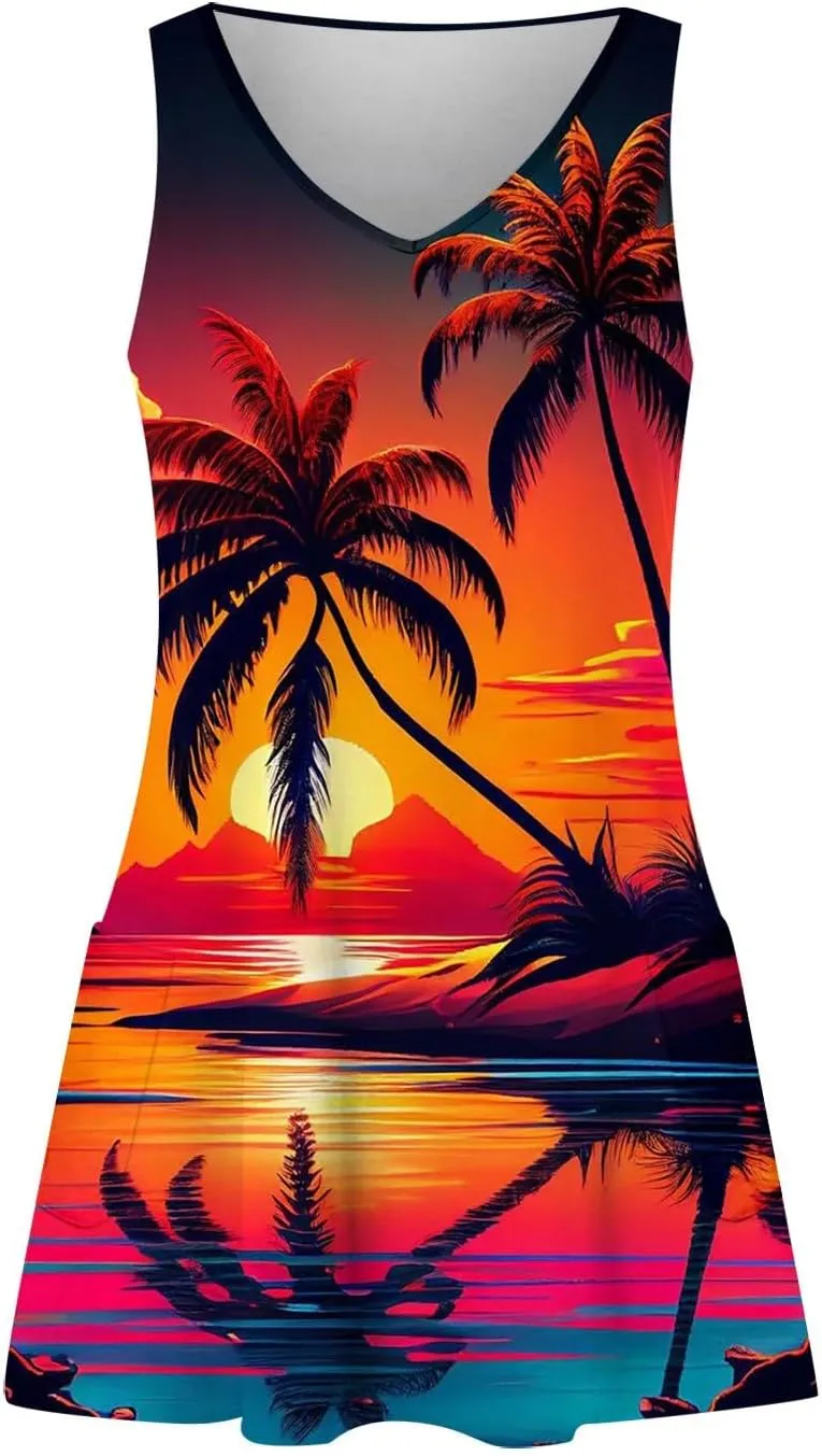 V Neck Dress Womens Breathable Sleeveless Daily Floral Print Dressy with Pockets Ladies Sundress Beach Boho Dress