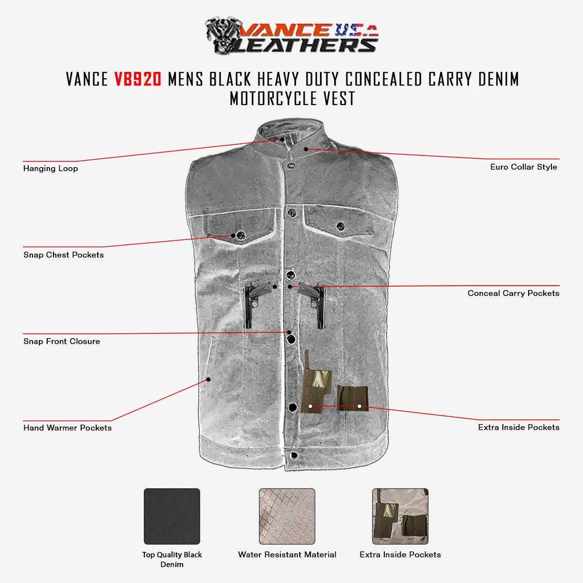 Vance Mens Black Heavy Duty Concealed Carry Denim Motorcycle Vest