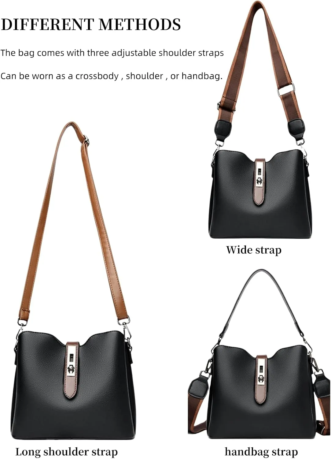 Versatile Bucket Crossbody Bag for Women with 3 Shouder Straps - PU Leather shoulder handbags,Zipper Compartments