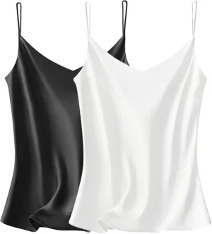 VIDUSSA Sexy Tank Tops Womens Satin Cami Top Pack V Neck Camisole Spaghetti Strap Tank Loose Sleeveless Blouses