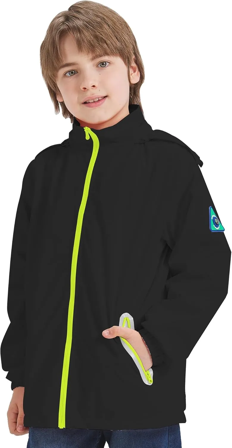 WICKHAM Boys Girls Waterproof Rain Jacket Detachable Hood Lightweight Raincoats for Kids Windbreaker Coat