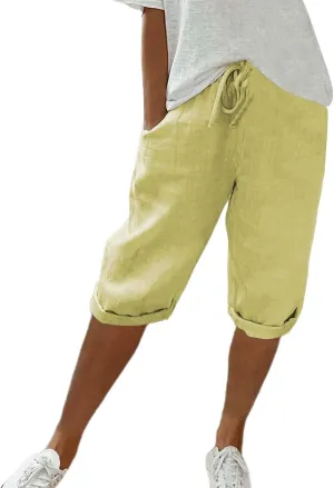 Wide Leg Linen Pants for Women, Cotton Capri Pants for Women, Pantalon Lino Mujer, Cropped High Waisted Elastic Waist Straight Leg Trousers Casual Summer Lounge Long Trousers Yellow XX-Large