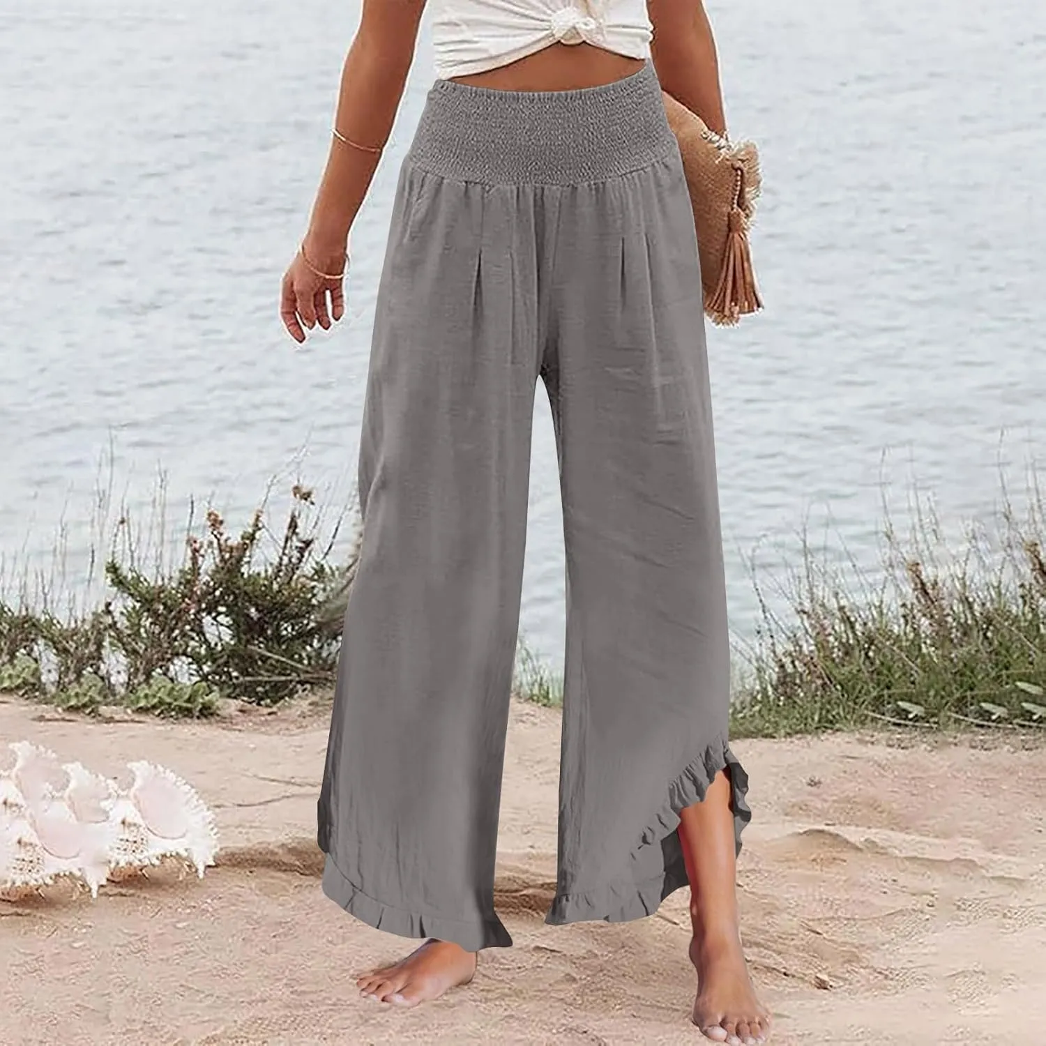 Wide Leg Linen Pants for Women Stretch Smocked High Waisted Ruffle Hem Flowy Beach Palazzo Trousers with Pocket