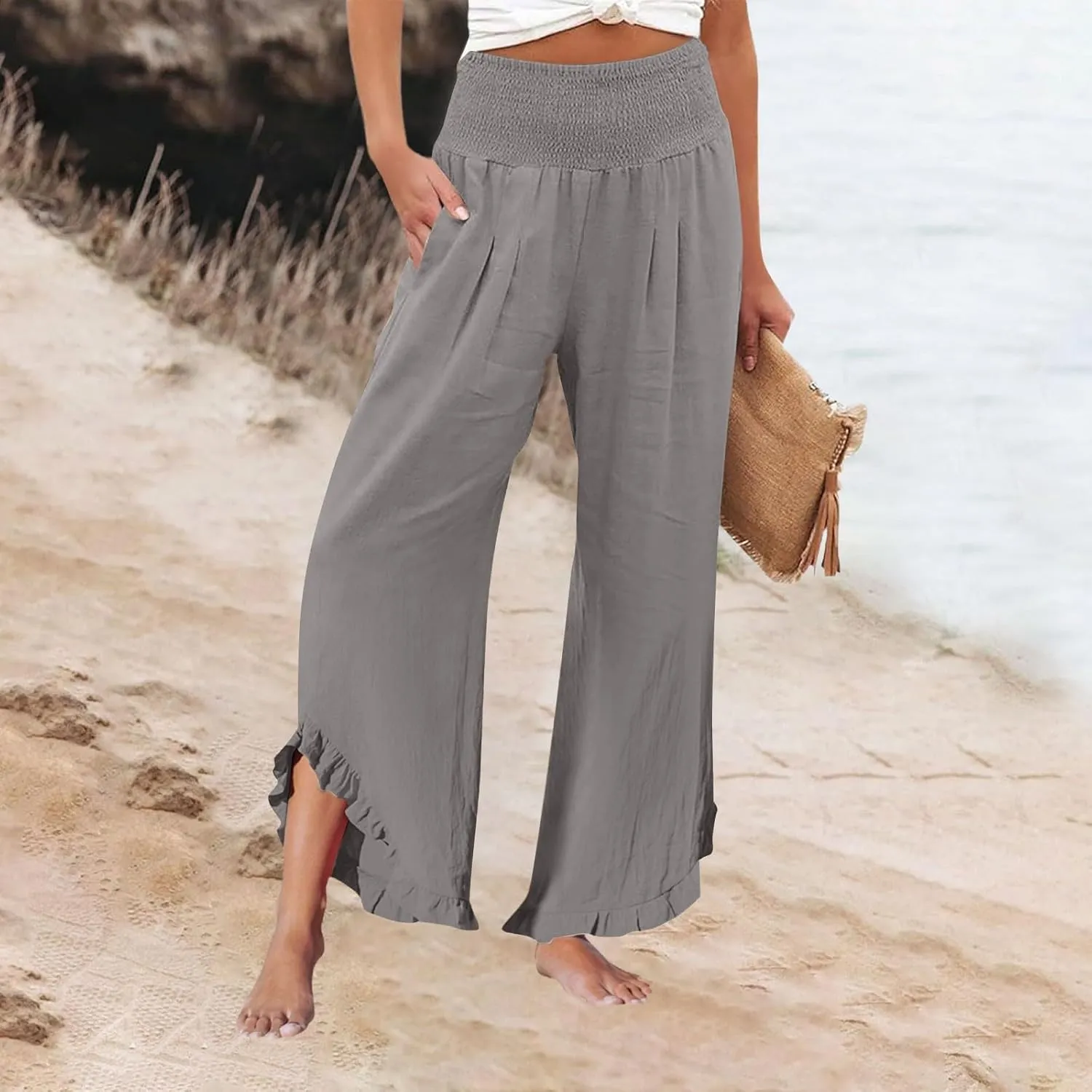 Wide Leg Linen Pants for Women Stretch Smocked High Waisted Ruffle Hem Flowy Beach Palazzo Trousers with Pocket