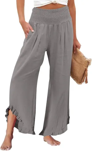 Wide Leg Linen Pants for Women Stretch Smocked High Waisted Ruffle Hem Flowy Beach Palazzo Trousers with Pocket