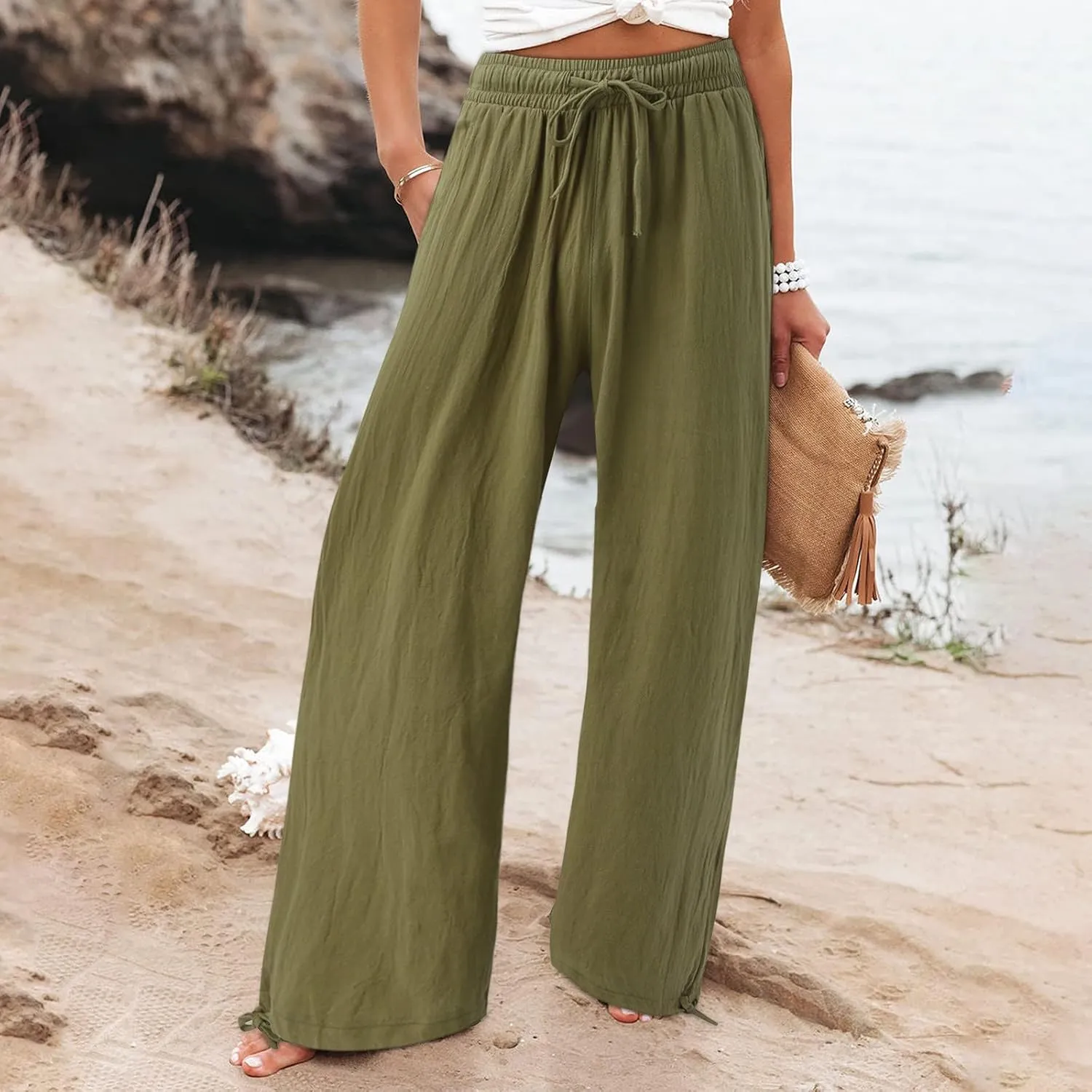 Wide Leg Palazzo Pants for Women Summer Flowy Boho Linen Pants Lightweight Elastic Baggy Waist Pants with Pockets