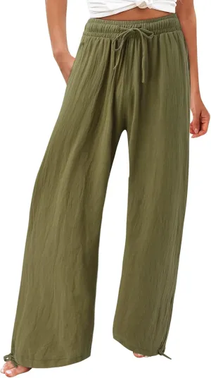 Wide Leg Palazzo Pants for Women Summer Flowy Boho Linen Pants Lightweight Elastic Baggy Waist Pants with Pockets